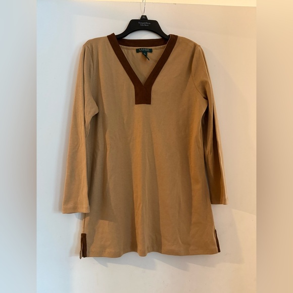 Lauren Ralph Lauren Neutral Camel Quiet Luxury Faux Suede Trim Tunic Top Size L - Picture 2 of 4